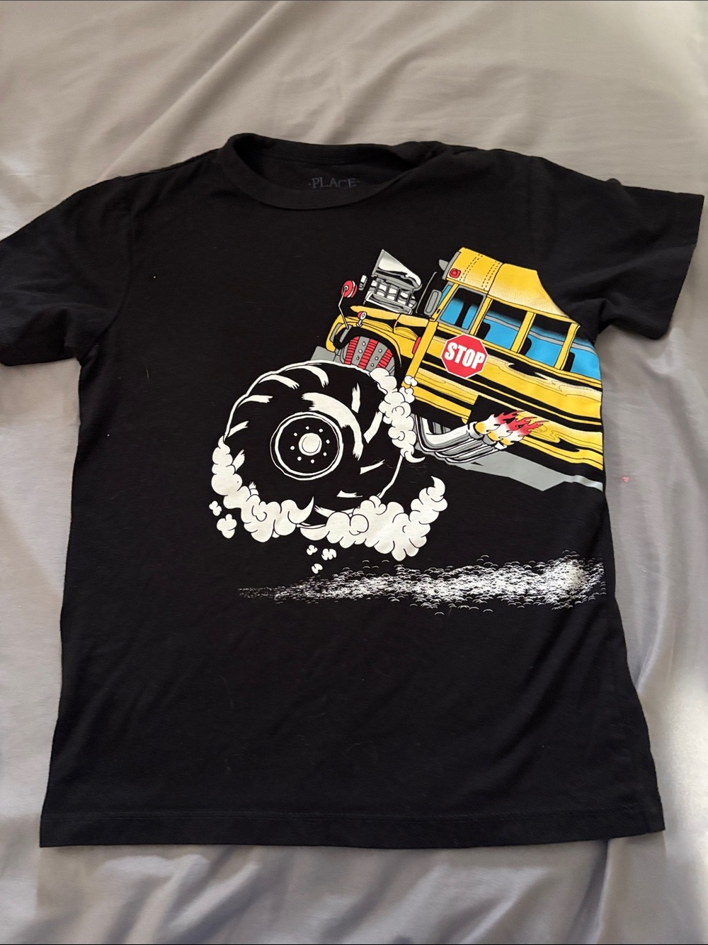 PLACE Black Tee with Yellow & Blue Monster School Bus Graphic